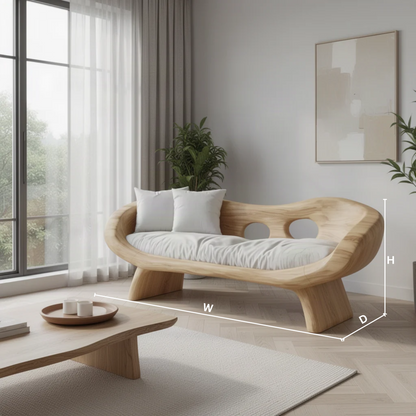 Lunaria sculptural wood sofa dimensions diagram showing width, height and depth of the curved carved frame