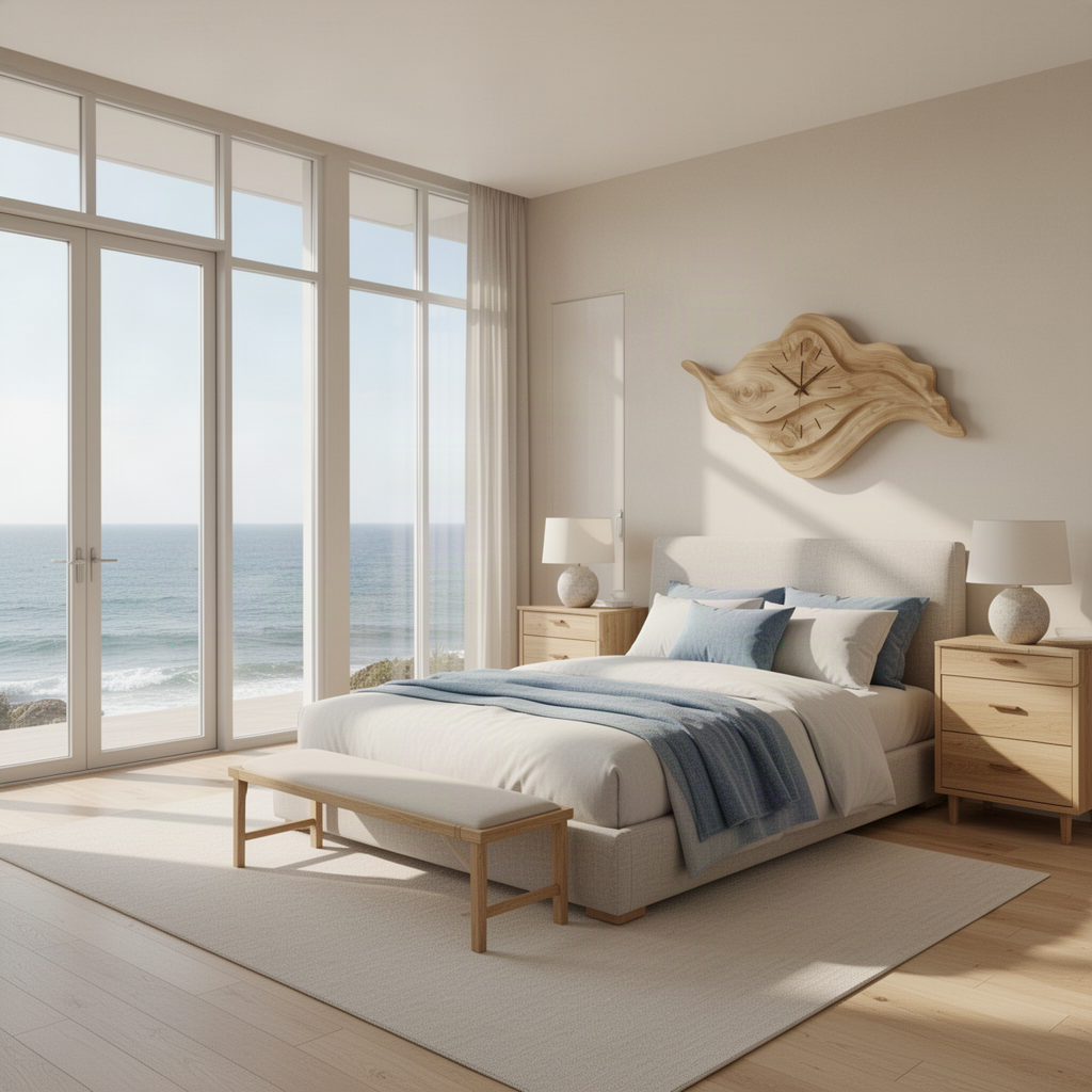 Driftime sculptural wood wall clock in Oak with carved wave silhouette hung above a bed in a coastal bedroom