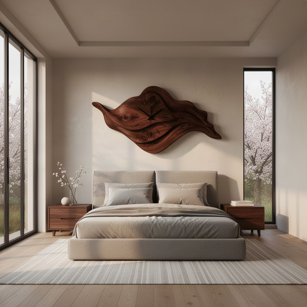 Driftime sculptural wood wall clock in Walnut with layered carved ripples and clock hands set into the grain