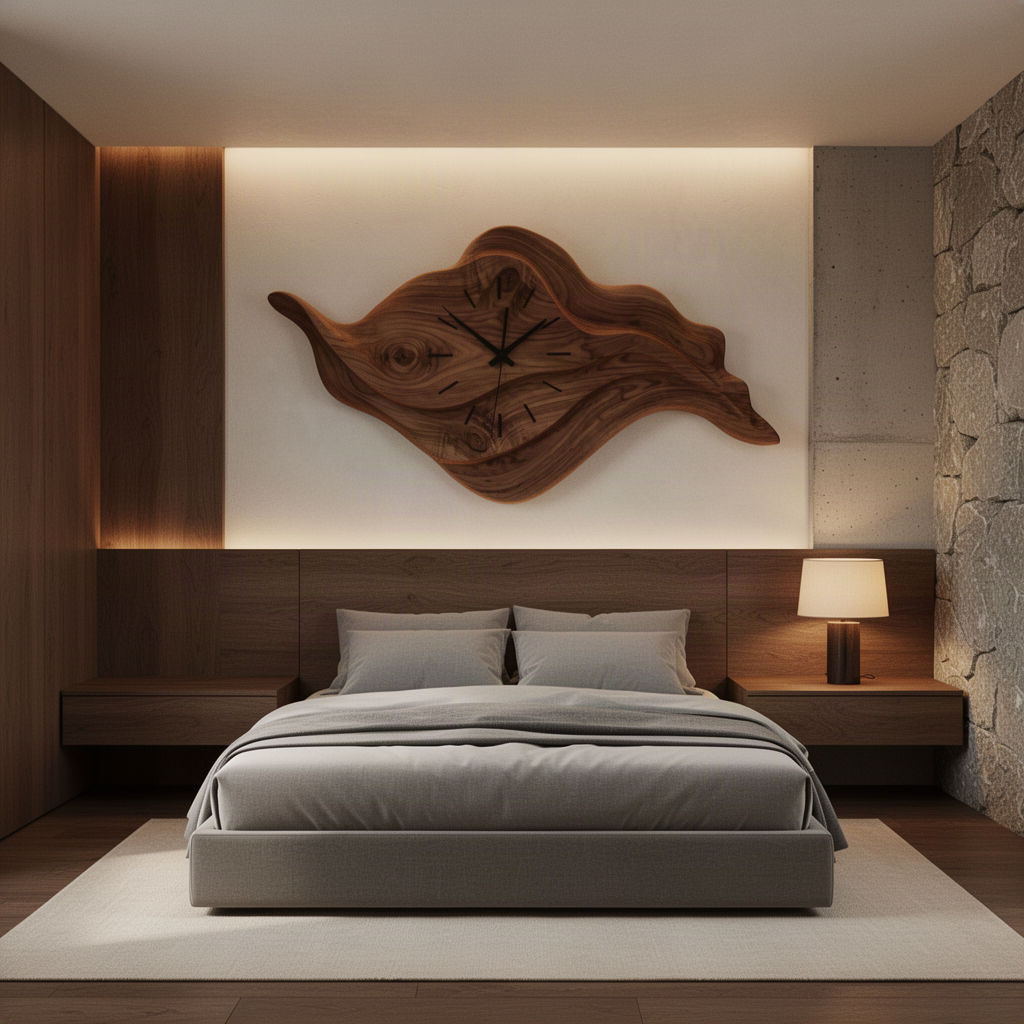Driftime large carved wood wall clock in Brown finish with flowing wave shape as statement wall art