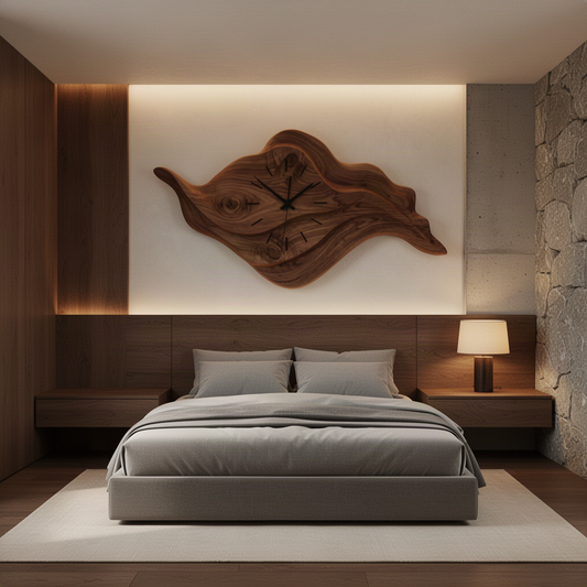Driftime large carved wood wall clock in Brown finish with flowing wave shape as statement wall art