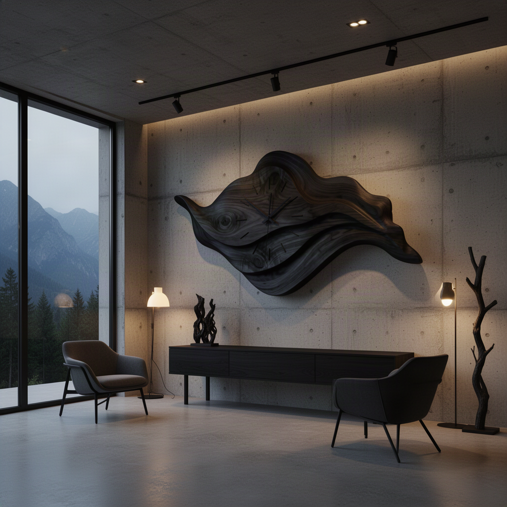 Driftime sculptural wood wall clock in Black with layered wave form on a concrete wall in a modern lounge