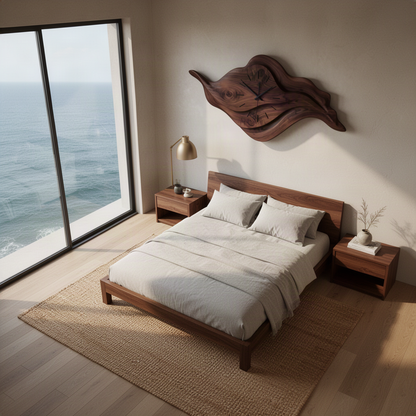 Driftime carved wood wall clock in rich Brown finish above a wooden bed in an ocean-view bedroom