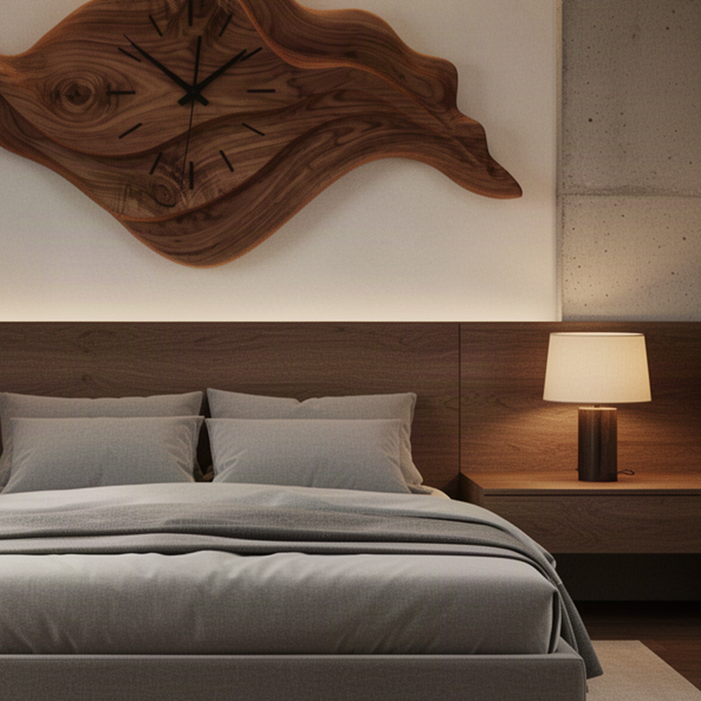 Close-up of Driftime wood wall clock showing carved wave layers, natural grain, clock hands and hour markers
