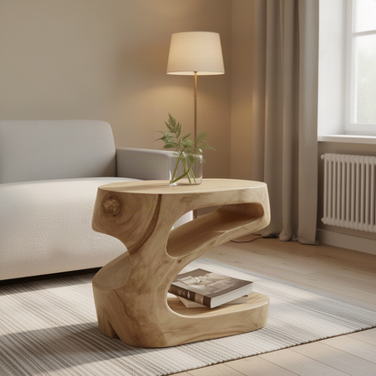 Zephyra sculptural wood side table in Oak with twisting carved form and open shelf beside a sofa