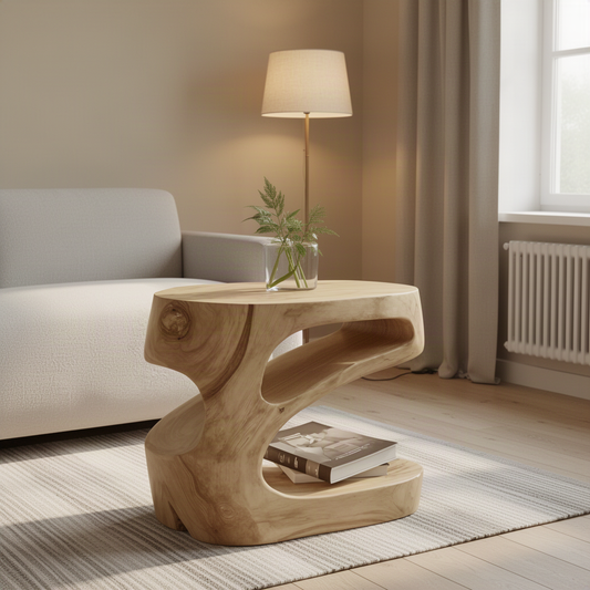 Zephyra sculptural wood side table in Oak with twisting carved form and open shelf beside a sofa