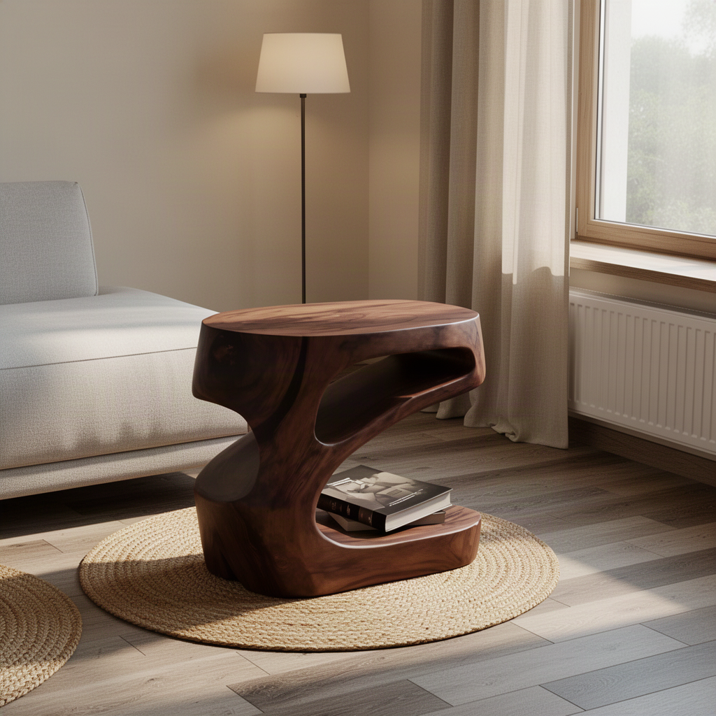 Zephyra sculptural wood side table in Walnut with rounded top, carved open shelf and curved base