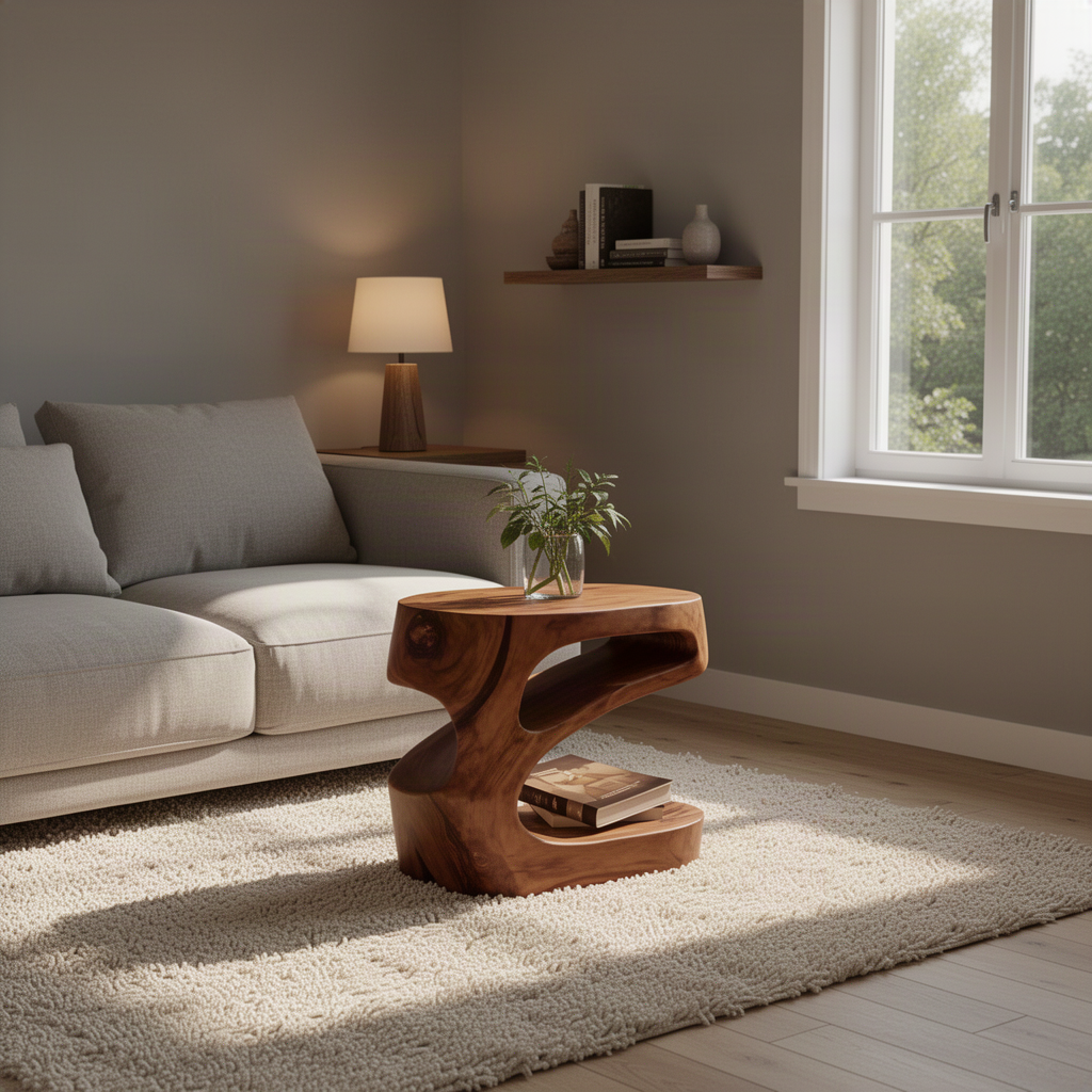 Zephyra carved wood end table in Brown finish with wind-shaped silhouette and open shelf