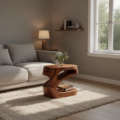 Zephyra carved wood end table in Brown finish with wind-shaped silhouette and open shelf