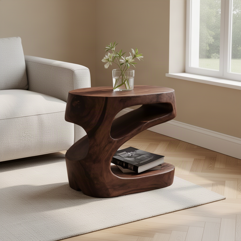 Zephyra sculptural wood side table in rich Brown finish with books on its open shelf beside an armchair