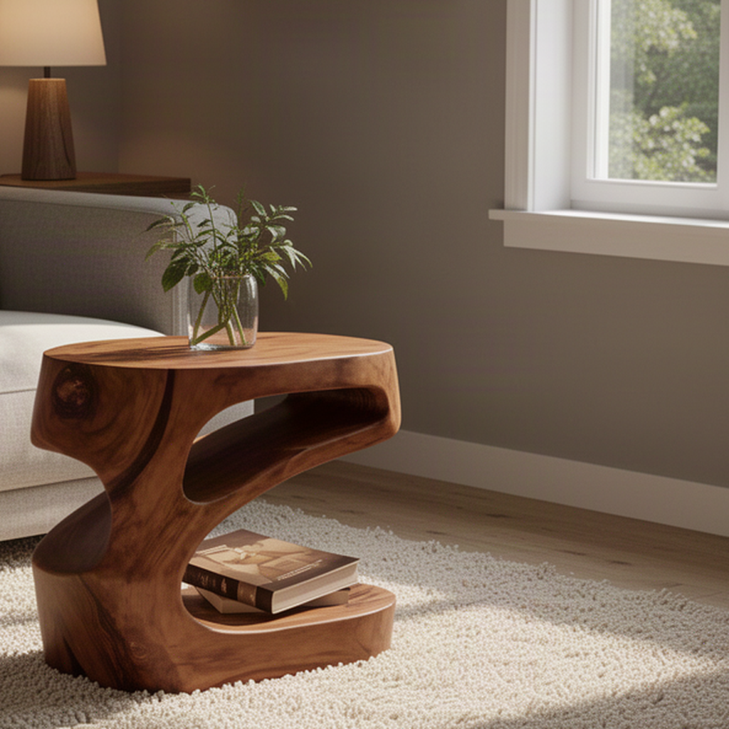Close-up of Zephyra wood side table showing natural knots, swirling grain and smooth carved curves