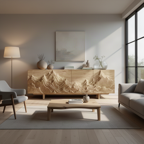 Alpinea sculptural wood sideboard in Oak with hand-carved mountain relief across three doors in a living room