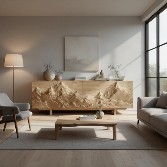 Alpinea sculptural wood sideboard in Oak with hand-carved mountain relief across three doors in a living room