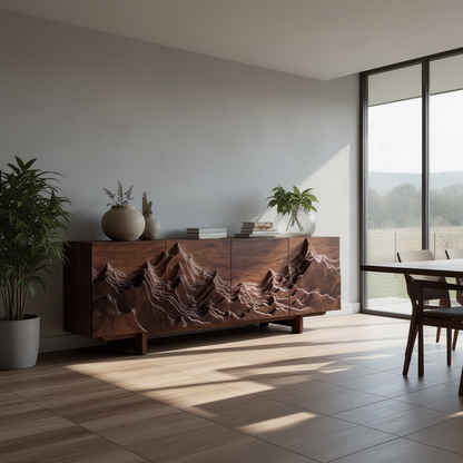 Alpinea sculptural wood sideboard in Walnut with layered carved peaks and ridges across the cabinet doors