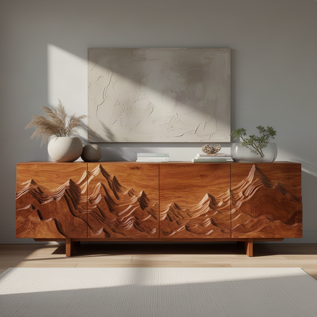 Alpinea carved wood credenza in Brown finish with continuous mountain range relief and closed storage
