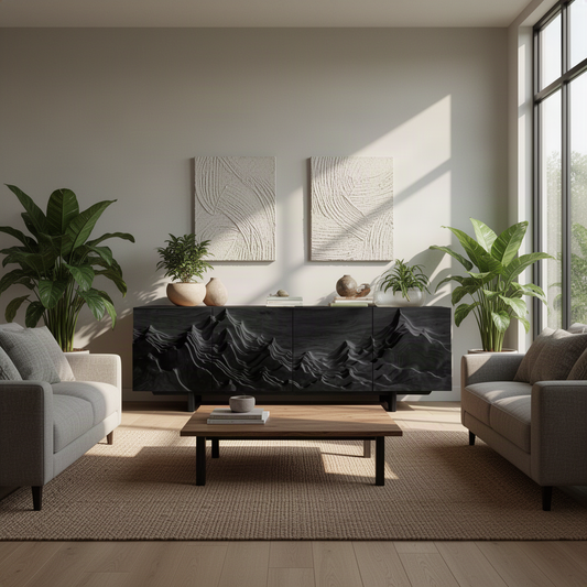 Alpinea sculptural wood sideboard in Black with hand-carved mountain relief doors in a modern dining room