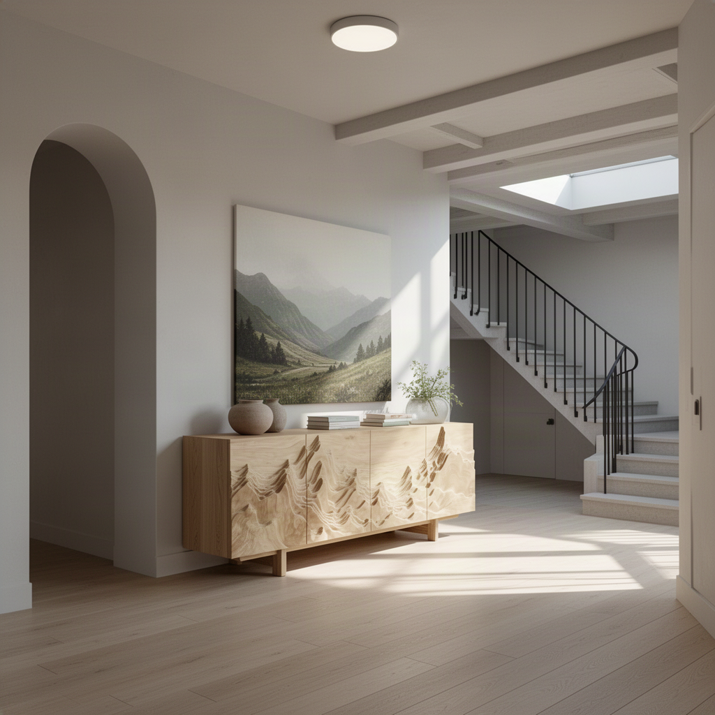 Alpinea Oak carved mountain sideboard beneath a landscape painting in a bright arched entryway