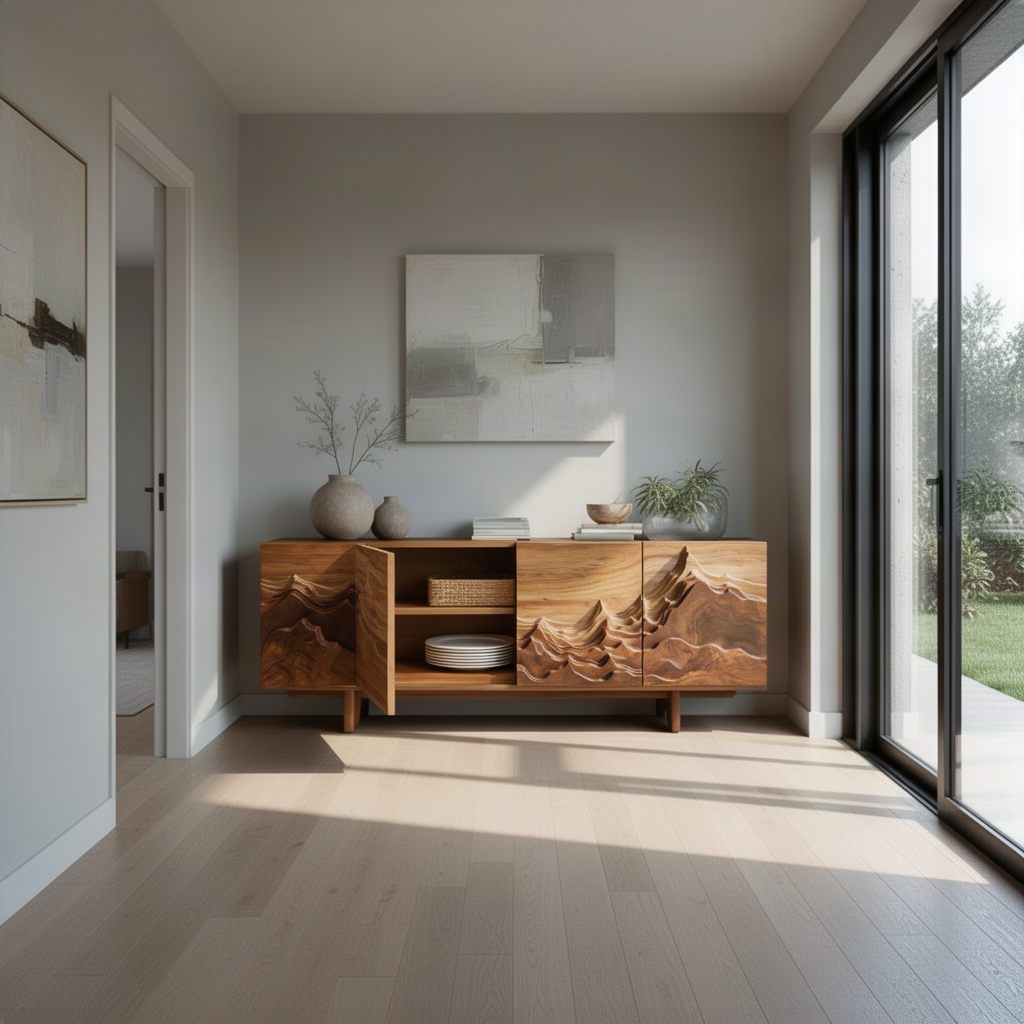 Alpinea sculptural wood sideboard in rich Brown finish as a carved buffet in a calm organic modern dining room