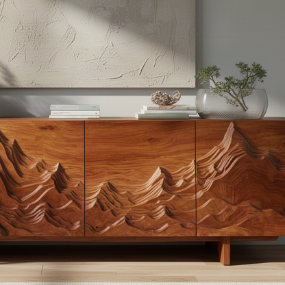 Close-up of Alpinea wood sideboard showing hand-carved mountain peaks, layered ridges and natural grain