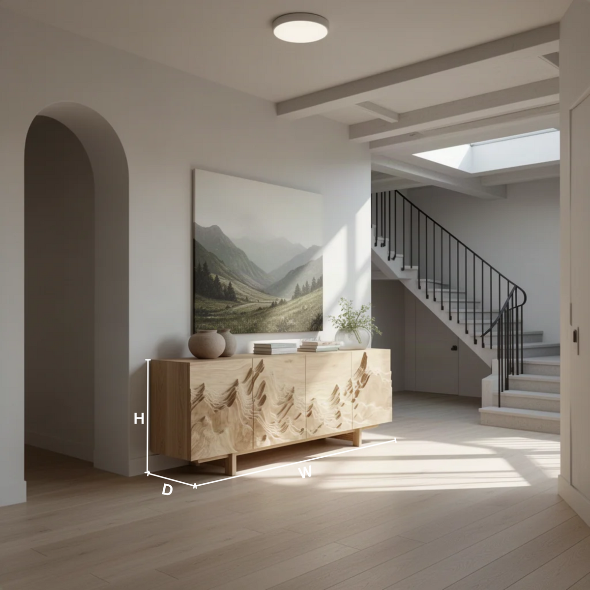 Alpinea sculptural wood sideboard dimensions diagram showing width, height and depth of the carved credenza