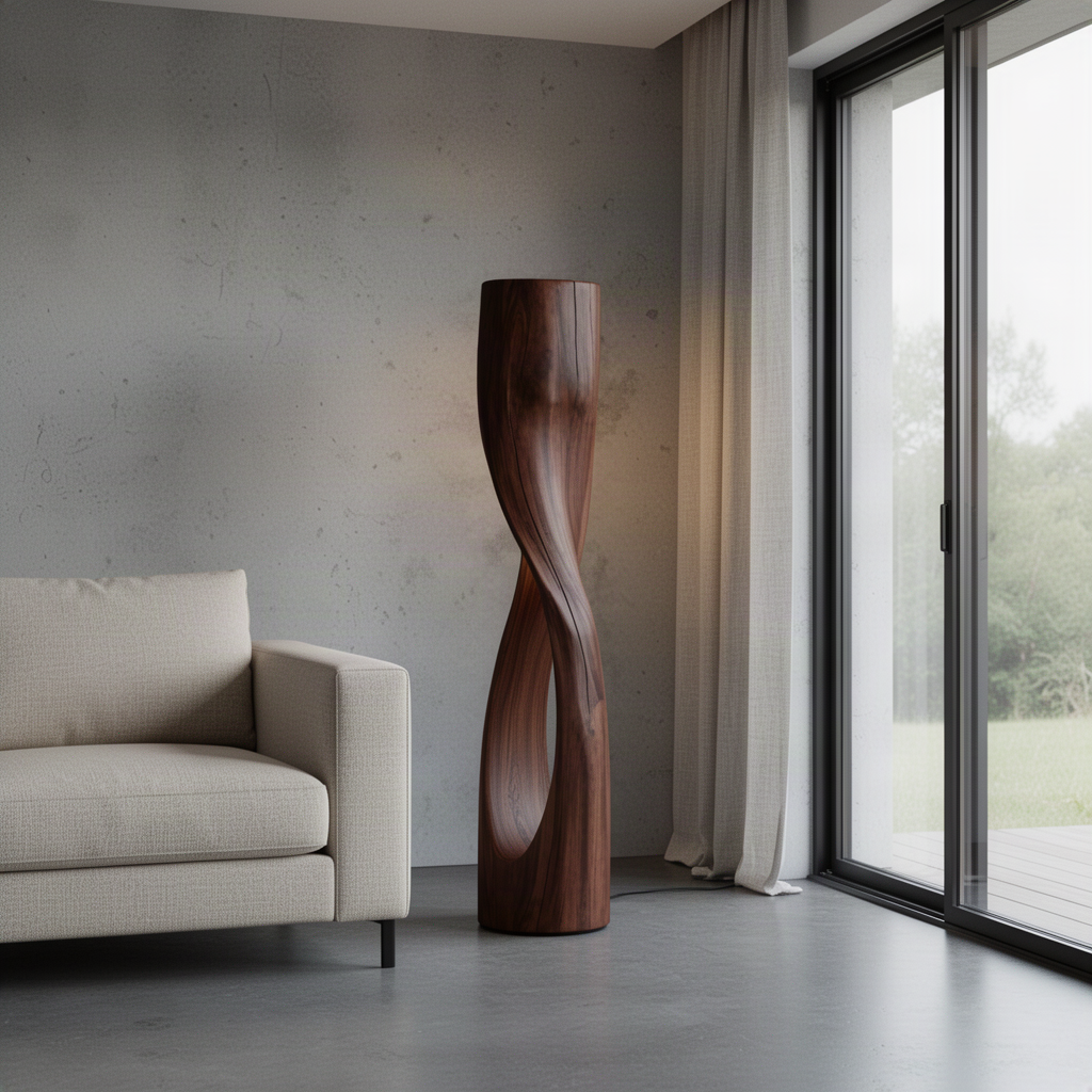 Torsiva sculptural wood floor lamp in Walnut with gently twisting solid wood column and carved light opening