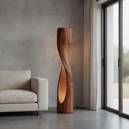 Torsiva twisted wood floor lamp in Brown finish with flowing grain and soft ambient glow