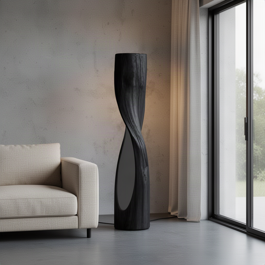 Torsiva sculptural wood floor lamp in Black with twisting column form in a minimalist living room