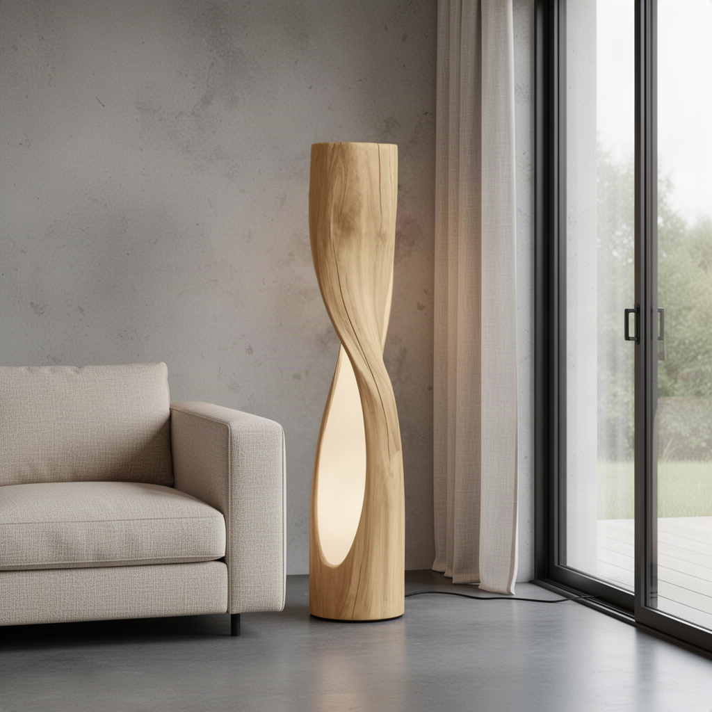 Torsiva Oak sculptural floor lamp glowing beside a linen sofa against a concrete wall in a modern living room