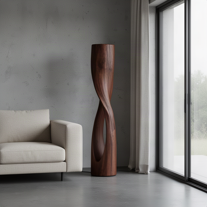 Torsiva sculptural wood floor lamp in rich Walnut tone as a corner sculpture beside a sofa near a window