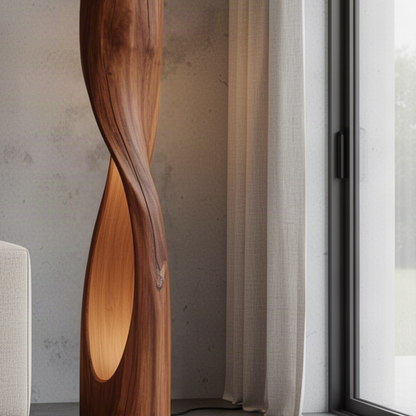 Close-up of Torsiva wood floor lamp showing the carved glowing opening and natural grain following the twist