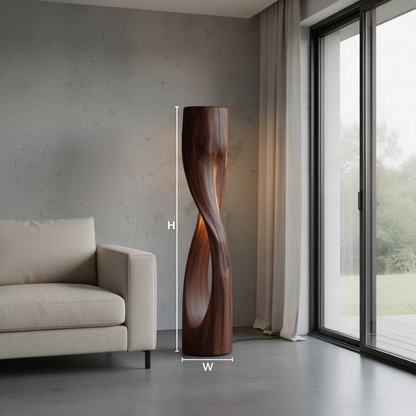 Torsiva sculptural wood floor lamp dimensions diagram showing the height and width of each available size