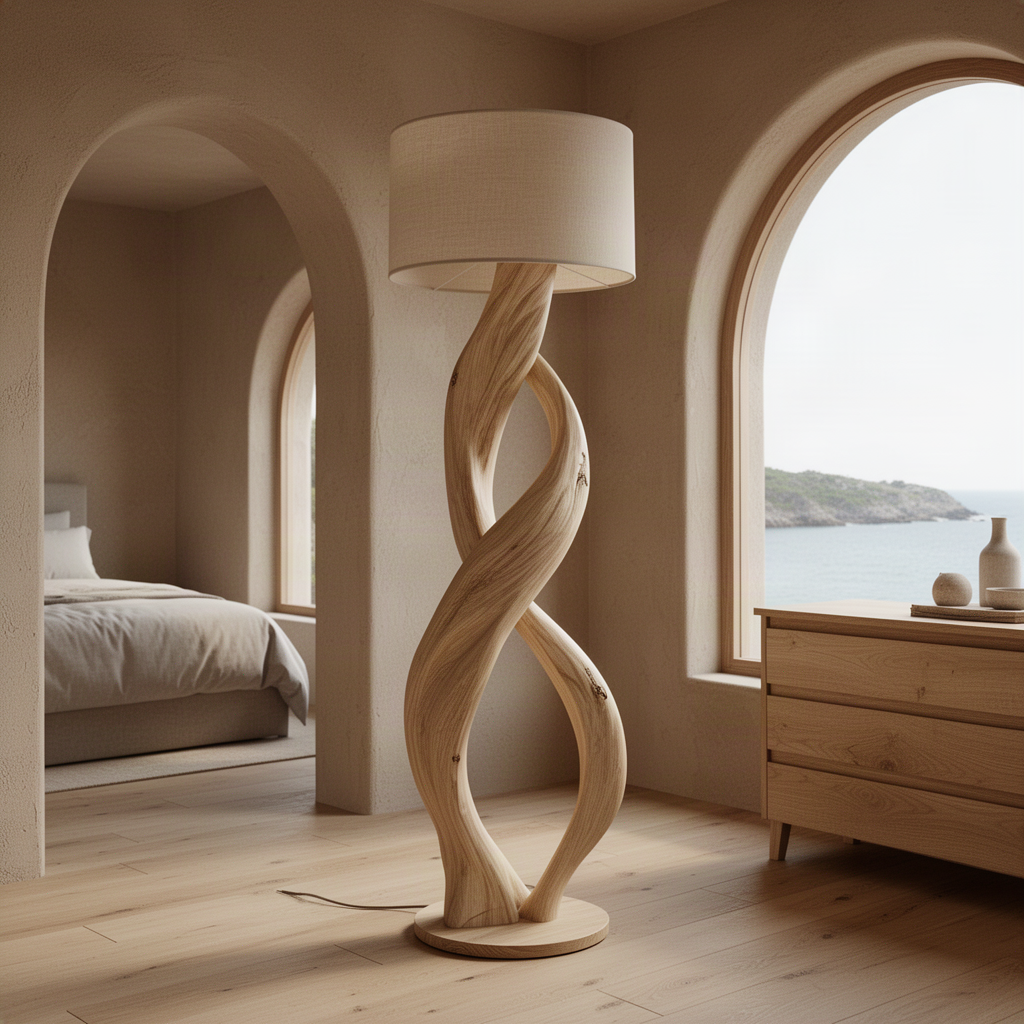 Entwina sculptural wood floor lamp in Oak with intertwined branch base and fabric drum shade in a coastal room