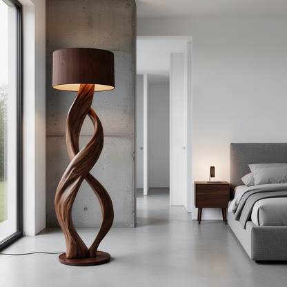 Entwina sculptural wood floor lamp in Walnut with spiraling solid wood strands and a soft drum shade
