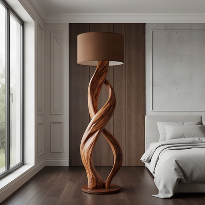 Entwina twisted wood floor lamp in Brown finish with intertwined branch base on a round wooden foot