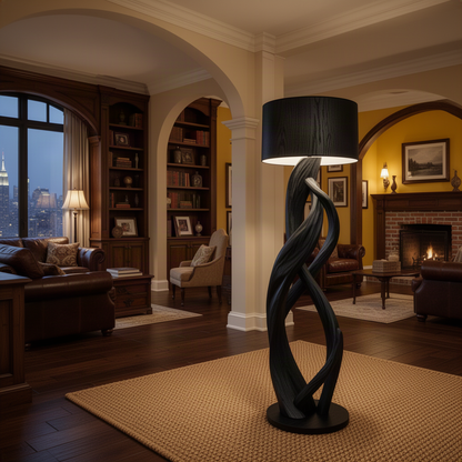Entwina sculptural wood floor lamp in Black with intertwined branch base and drum shade in a modern room