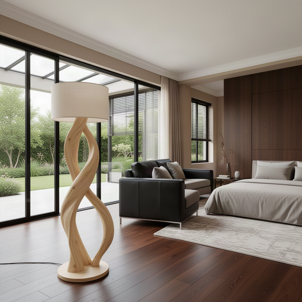 Entwina Oak sculptural floor lamp beside a leather sofa in a bright open-plan living room with garden views
