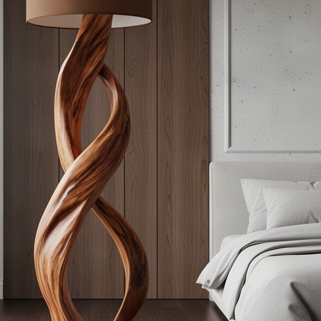 Close-up of Entwina wood floor lamp showing spiraling intertwined strands and rich natural wood grain