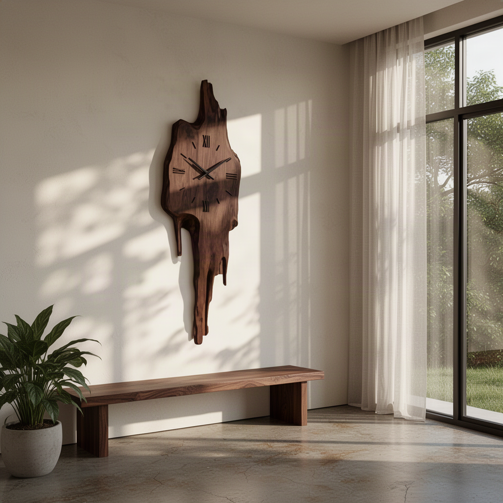 Meltora sculptural wood wall clock in Walnut with live-edge melting silhouette and Roman numeral clock face