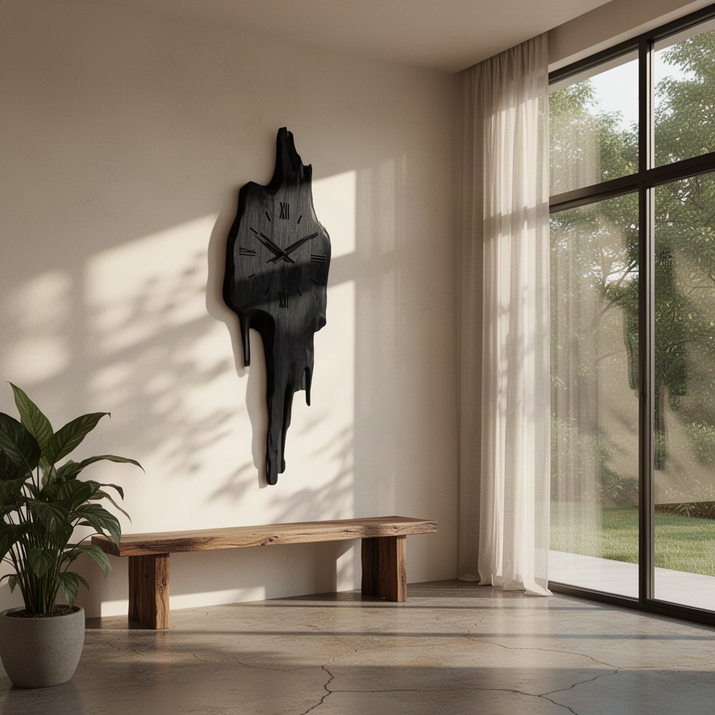 Meltora sculptural wood wall clock in Black with dripping carved form and Roman numerals on a light wall