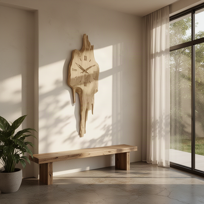 Meltora Oak melting wall clock above a solid wood bench in a sunlit minimalist entryway with garden view