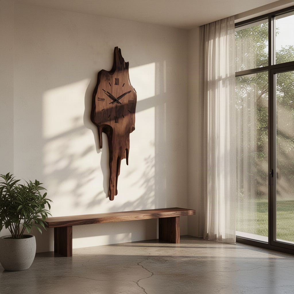 Meltora sculptural wood wall clock in rich Walnut tone casting soft shadows on a hallway wall
