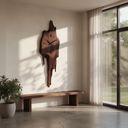 Meltora sculptural wood wall clock in rich Walnut tone casting soft shadows on a hallway wall