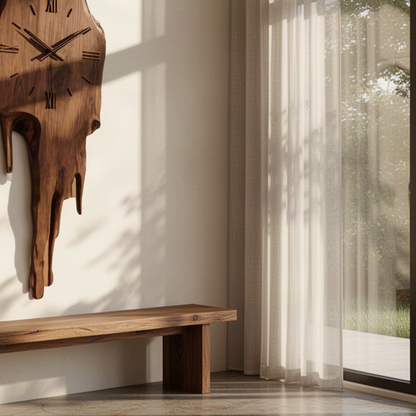 Close-up of Meltora wood wall clock showing Roman numerals, clock hands and melting drips in natural grain