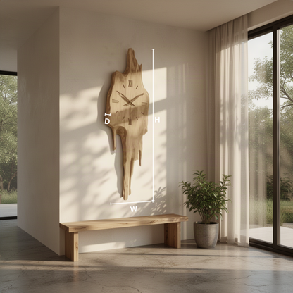 Meltora sculptural wood wall clock dimensions diagram showing height, width and depth of each size
