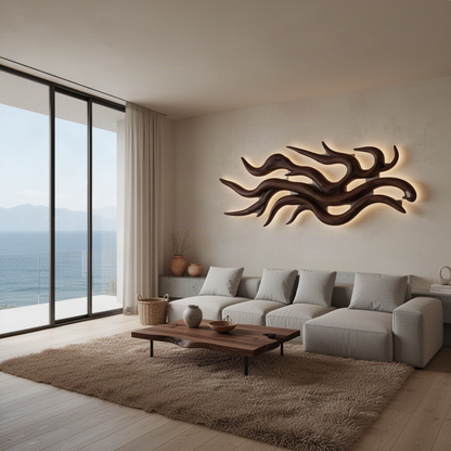 Solvane sculptural wood wall art in Walnut with layered curling branch strands creating deep shadows