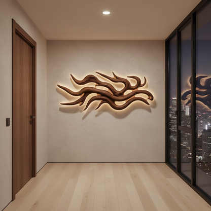 Solvane driftwood branch wall sculpture in Brown finish with flowing wave-like layered wood strands