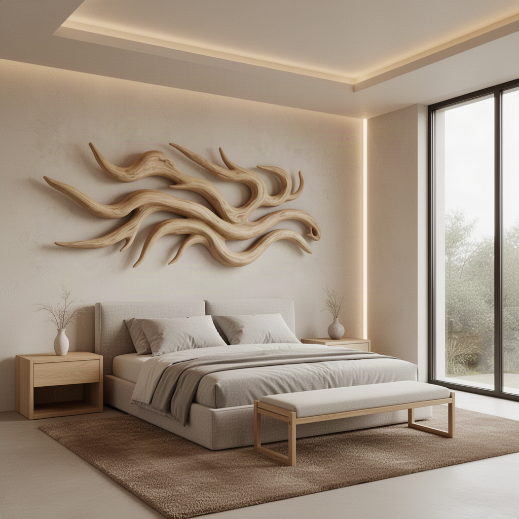 Solvane Oak driftwood branch wall sculpture above a bed in a calm modern bedroom with cove lighting