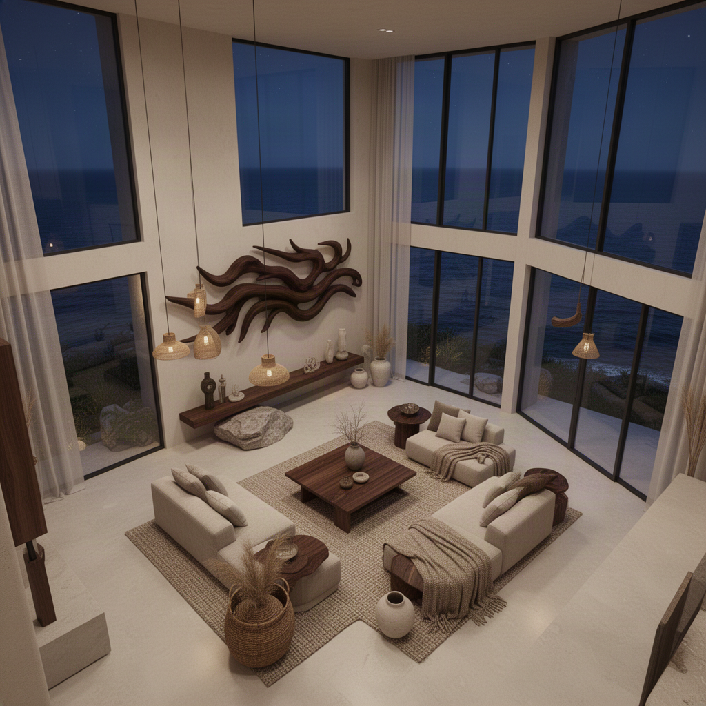 Solvane sculptural wood wall art in rich Walnut tone softly backlit on a wall beside a city-view window