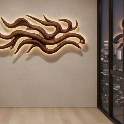 Close-up of Solvane wood wall art showing layered curling branches, natural grain and soft shadow depth