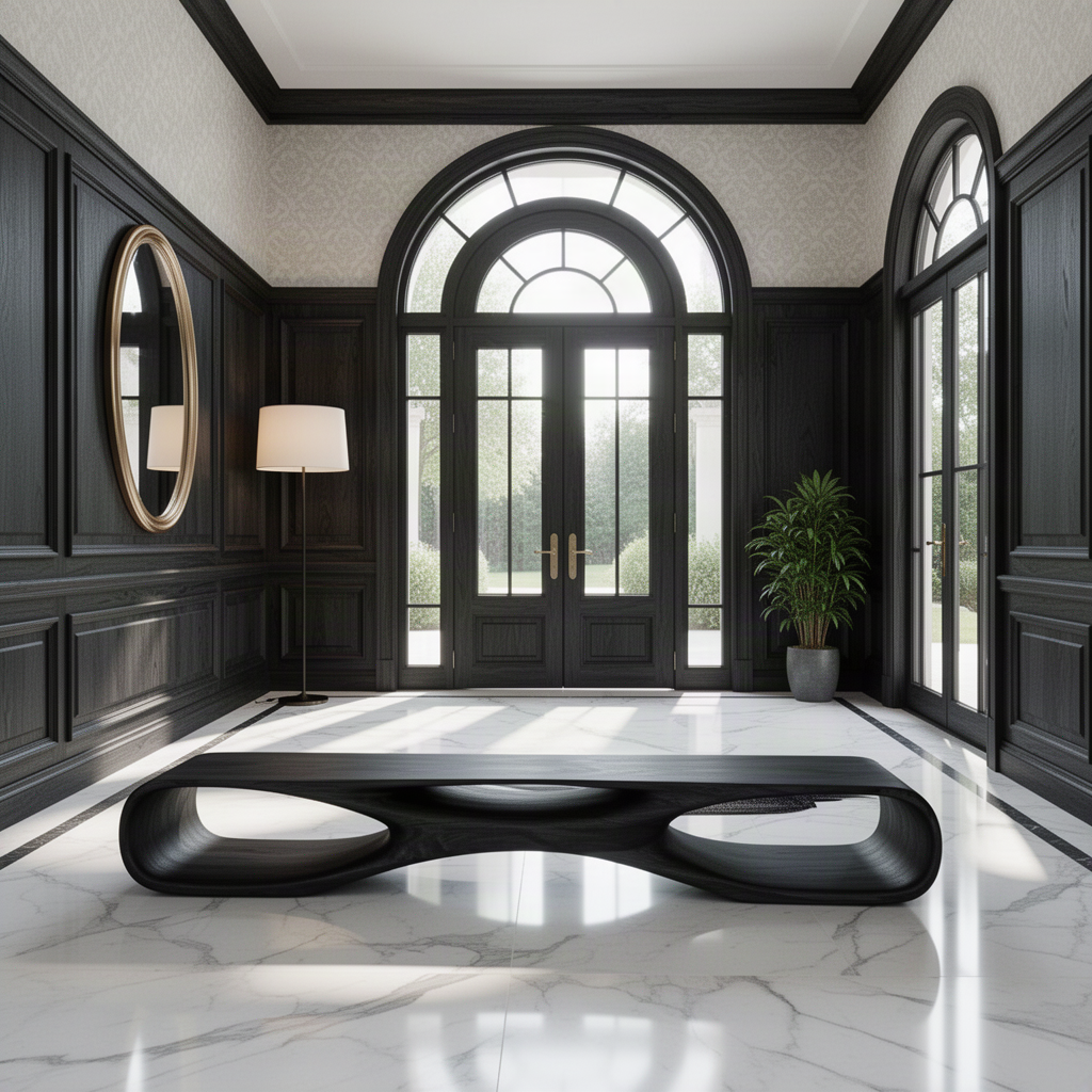 Sylvara sculptural wood bench in Black with flowing open form in a grand marble foyer with arched doors